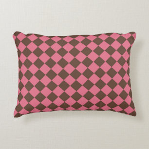 Pink Brown Chequered Diamond Pattern Decorative Cushion