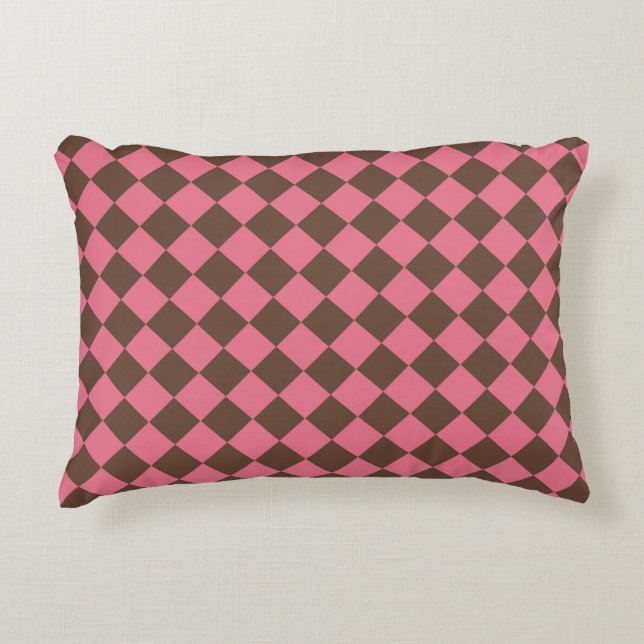 Pink Brown Chequered Diamond Pattern  Decorative Cushion (Front)