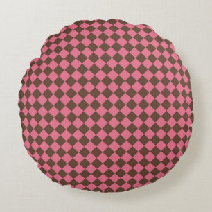 Pink Brown Chequered Diamond Pattern Round Cushion