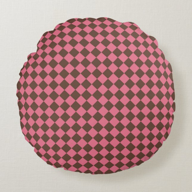 Pink Brown Chequered Diamond Pattern Round Cushion (Front)