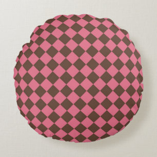 Pink Brown Chequered Diamond Pattern  Round Cushion