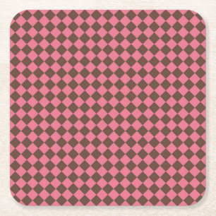 Pink Brown Chequered Diamond Pattern Square Paper Coaster