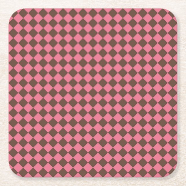 Pink Brown Chequered Diamond Pattern Square Paper Coaster (Front)