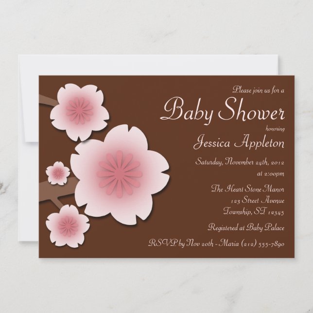 Pink & Brown Cherry Blossom Baby Shower Invitation (Front)