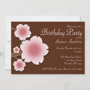 Pink & Brown Cherry Blossom Birthday Party Invitation