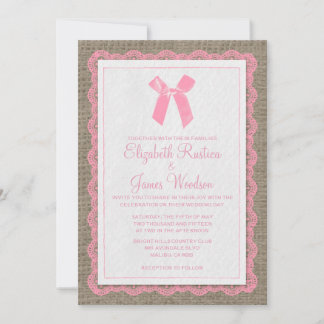 Pink & Brown Country Burlap Wedding Invitations