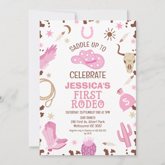 Pink Brown Cowgirl First Rodeo 1st Birthday Invitation (Front)