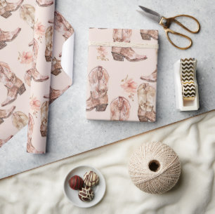 Pink Brown Cowgirl Southwestern Boots Floral Wrapping Paper
