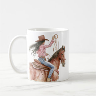 Pink Brown Cowgirl Southwestern Horse Black Hair Coffee Mug