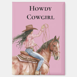 Pink Brown Cowgirl Southwestern Horse Black Hair Magnet