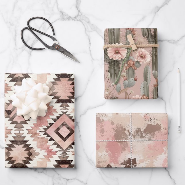 Pink Brown Cowgirl Southwestern Tribal Birthday Wrapping Paper Sheet (Front)