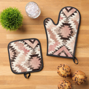 Pink Brown Cowgirl Southwestern Tribal Oven Mitt & Pot Holder Set