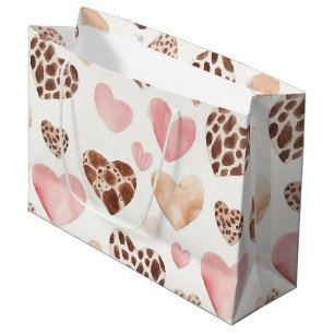 Pink Brown Cream Leopard Animal Hearts Birthday Large Gift Bag