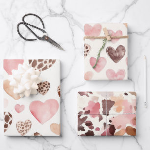 Pink Brown Cream Leopard Animal Hearts Birthday Wrapping Paper Sheet