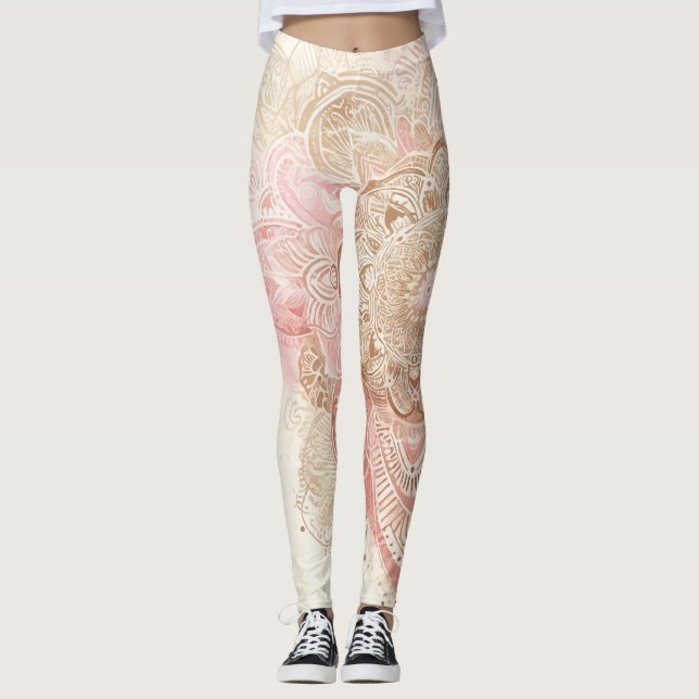 Pink Brown Cream Mandala Bohemian Boho Fashion Leggings (Front)