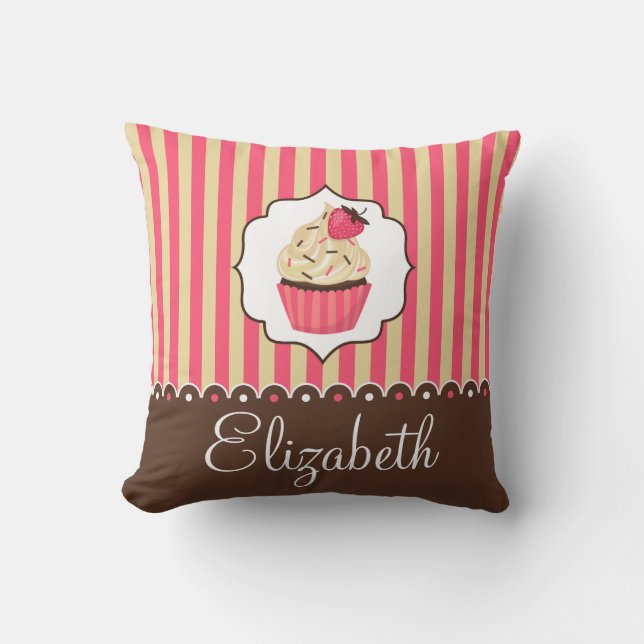 Pink & Brown Cute Cupcake With Custom Name Cushion (Front)