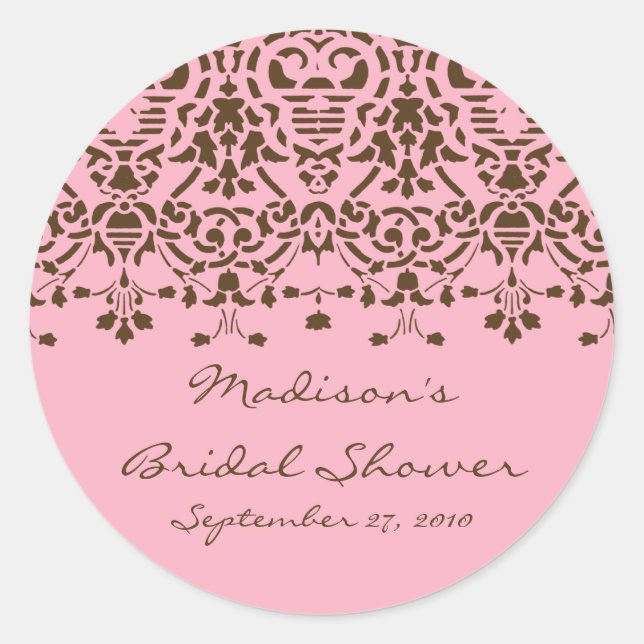 Pink & Brown Damask Bride Shower Sticker (Front)