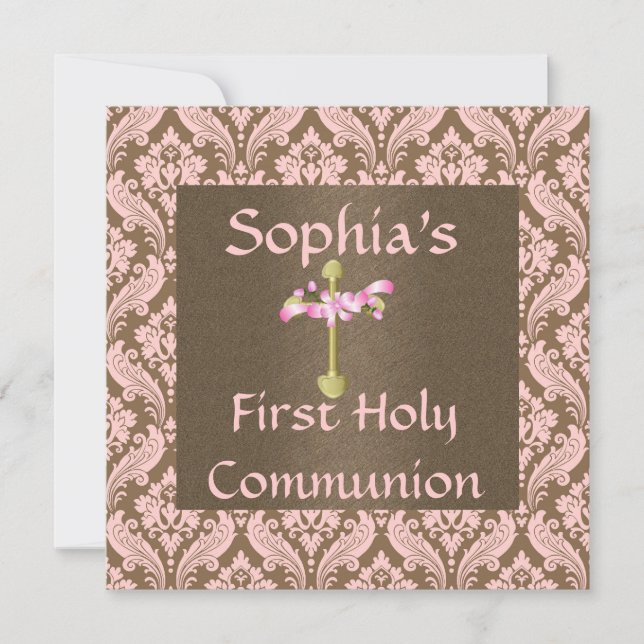 pink & brown DAMASK Holy Communion INVITATIONS (Front)