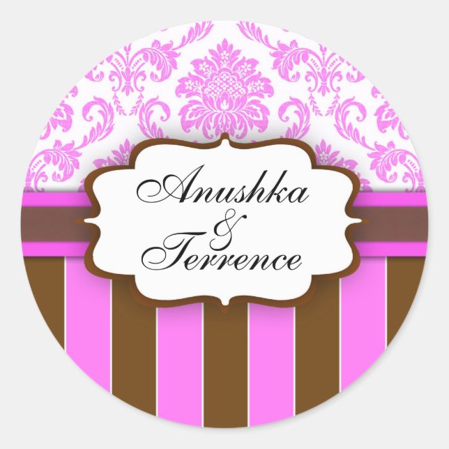 Pink Brown Damask Stripe Wedding Sticker (Front)