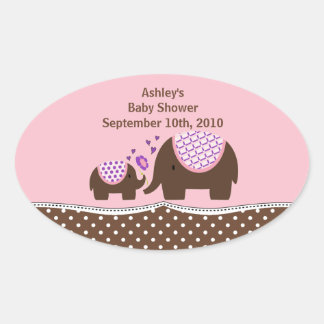Pink & Brown Elephant Baby Shower Oval Sticker