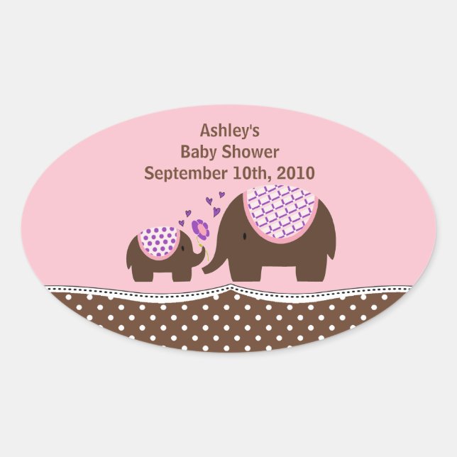 Pink & Brown Elephant Baby Shower Oval Sticker (Front)
