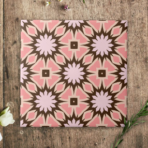 Pink & Brown Ethnic Mosaic Geometric Pattern Ceramic Tile