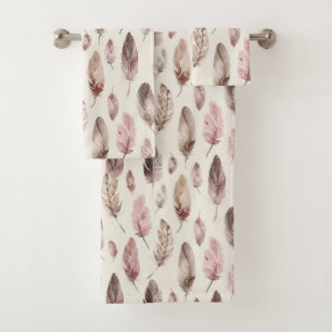 Pink Brown Feathers  Bath Towel Set