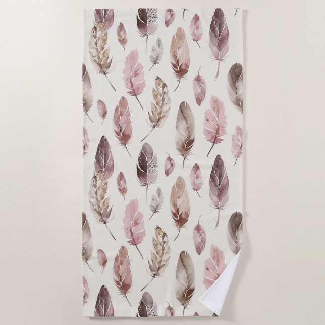 Pink Brown Feathers  Beach Towel (Front)
