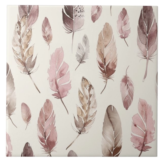 Pink Brown Feathers  Ceramic Tile (Front)