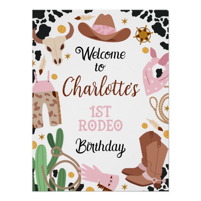 Pink Brown First Rodeo 1st Birthday Welcome Sign (Front)