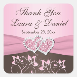 Pink, Brown Floral, Hearts Wedding Favour Sticker