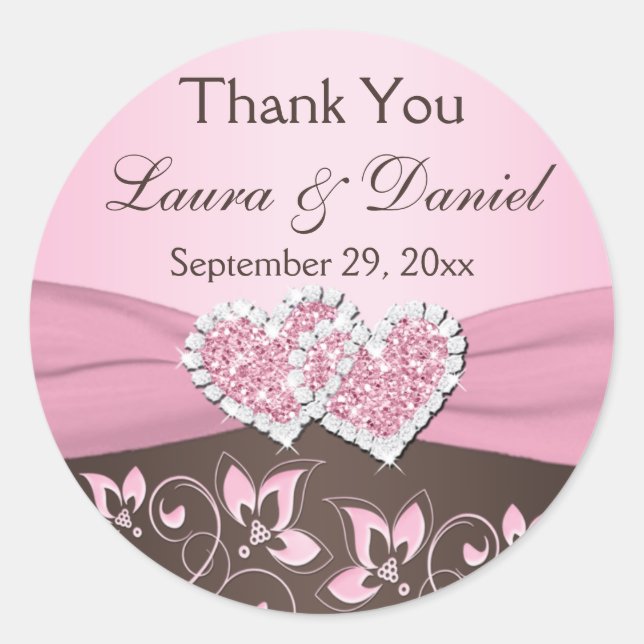 Pink, Brown Floral, Hearts Wedding Favour Sticker (Front)