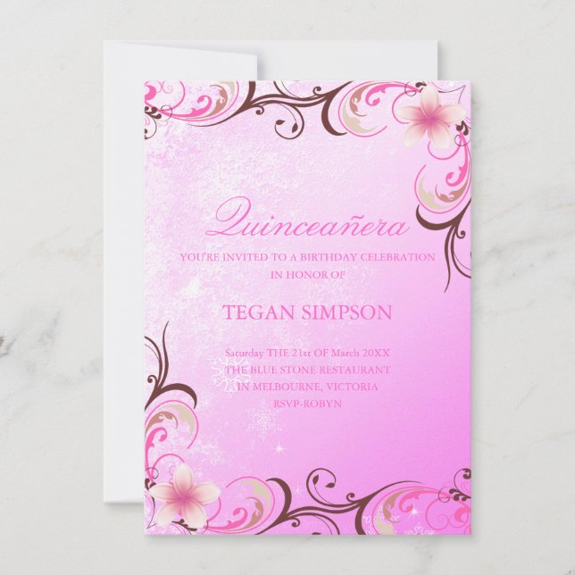 Pink/Brown Frangipani Quinceañera Birthday Invite (Front)