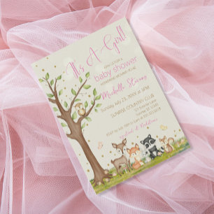 Pink Brown Girl Watercolor Woodland Animals Invitation