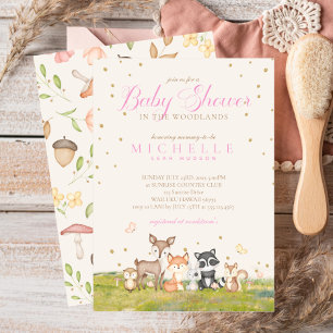 Pink Brown Girl Watercolor Woodland Animals Invitation