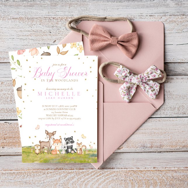 Pink Brown Girl Watercolor Woodland Animals  Invitation (Creator Uploaded)