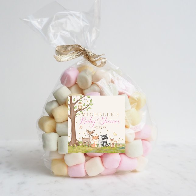 Pink Brown Girl Woodland Animals Favour Square Sticker (Creator Uploaded)