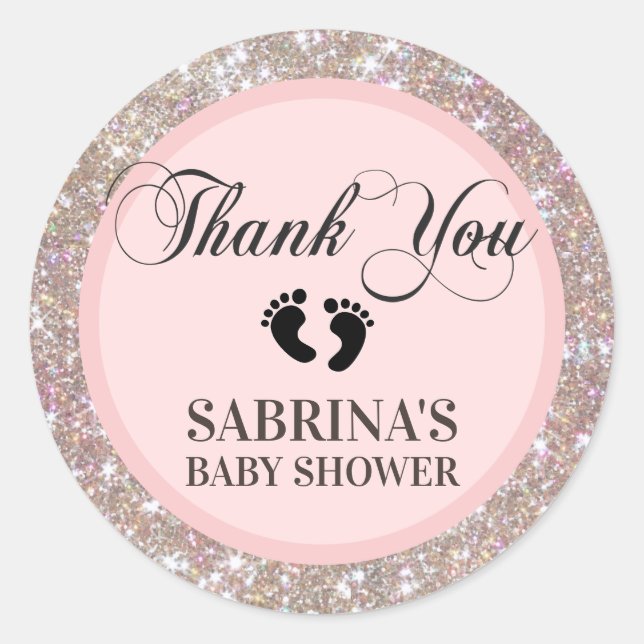 Pink, Brown, Glitter Baby Shower - Girls Classic Round Sticker (Front)