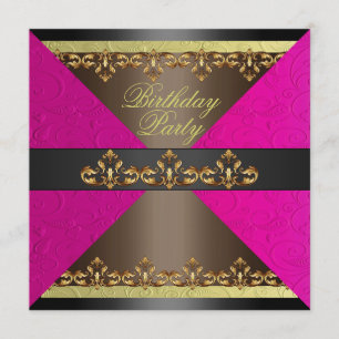 Pink/Brown & Gold Damask Birthday Invitation