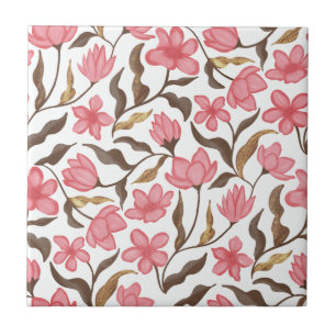 Pink Brown Gold Watercolor Wildflower Ceramic Tile