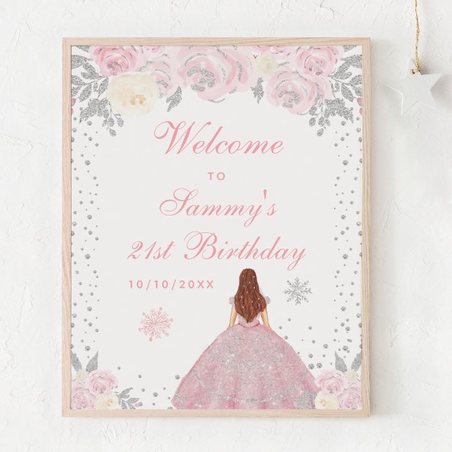 Pink Brown Hair Girl Birthday Party Welcome Poster (Creator Uploaded)