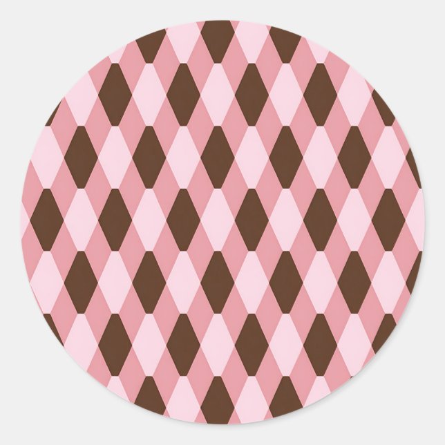 Pink Brown Harlequin Diamond Pattern Classic Round Sticker (Front)