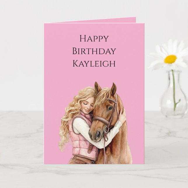 Pink Brown Horse Blonde Hair Girl Birthday Card (Small Plant)