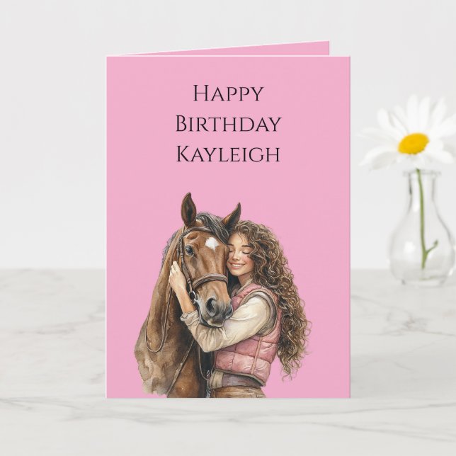 Pink Brown Horse Brown Hair Girl Birthday Card (Small Plant)