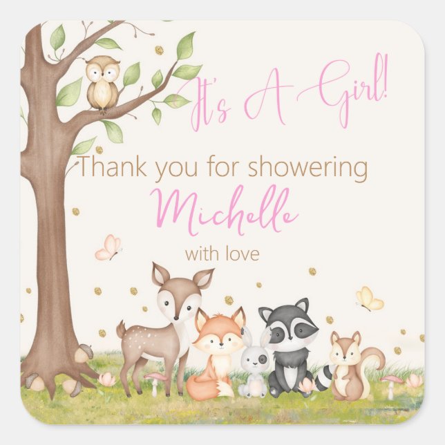 Pink Brown It's A Girl Baby Shower Square Sticker (Front)