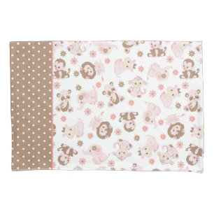 Pink Brown Jungle Animals Pattern Pillowcase