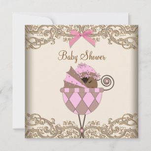 Pink Brown Lace African American Baby Girl Shower Invitation