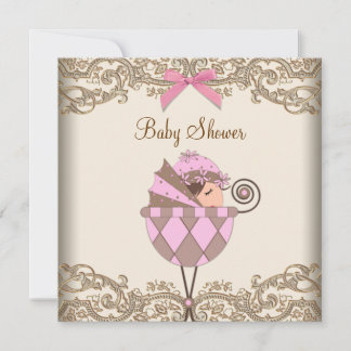 Pink Brown Lace Girl Baby Shower Invitation