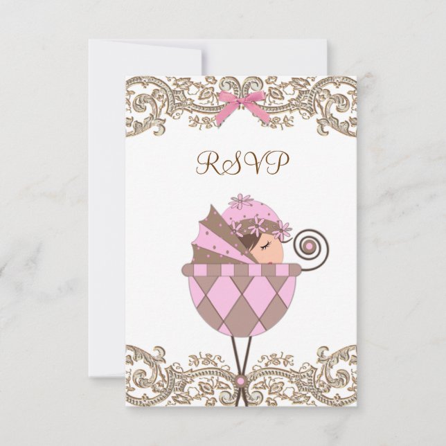 Pink Brown Lace Girl Baby Shower RSVP (Front)