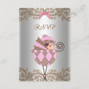 Pink Brown Lace Girl Baby Shower RSVP Card
